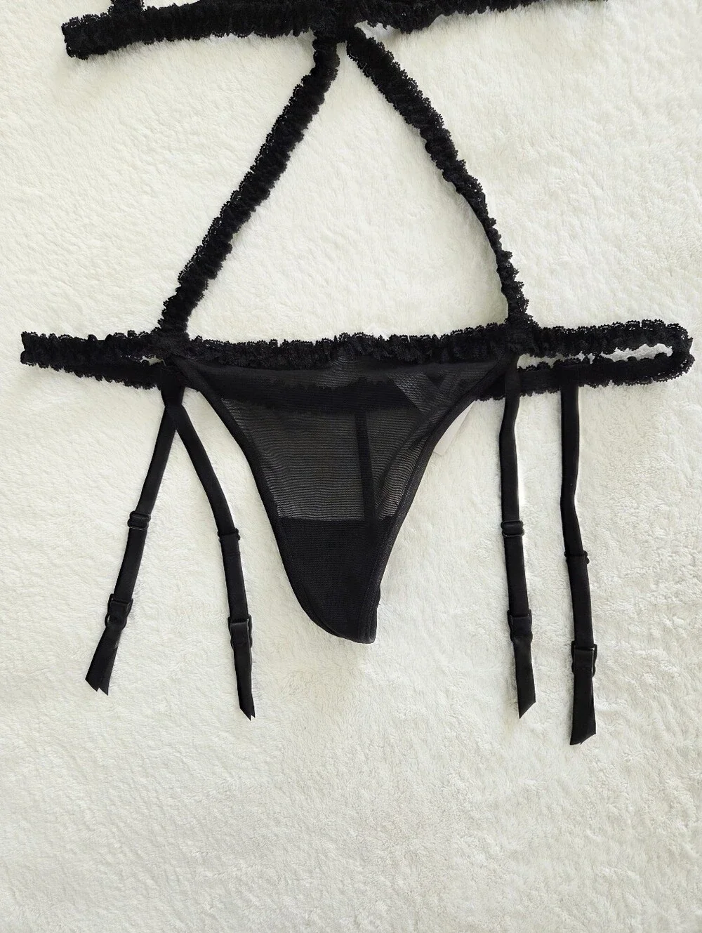Adore Me ✨️ Women's Black Lace Strappy Bra and Panty Set with Gold Accent Size L